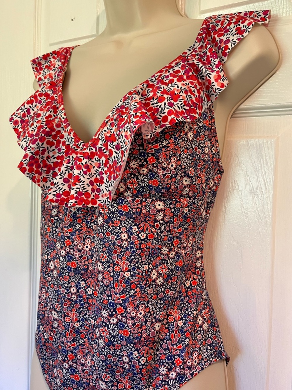 J. Crew Ruffle Deep V One-Piece Swimsuit Bathing Suit - Liberty Multi floral - Picture 3 of 14